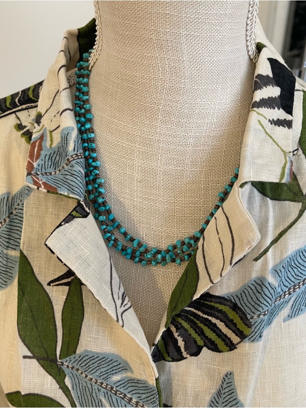Linen Cream Button-Front Shirt with Blue and Green Leaf Print - Picture 4 of 6